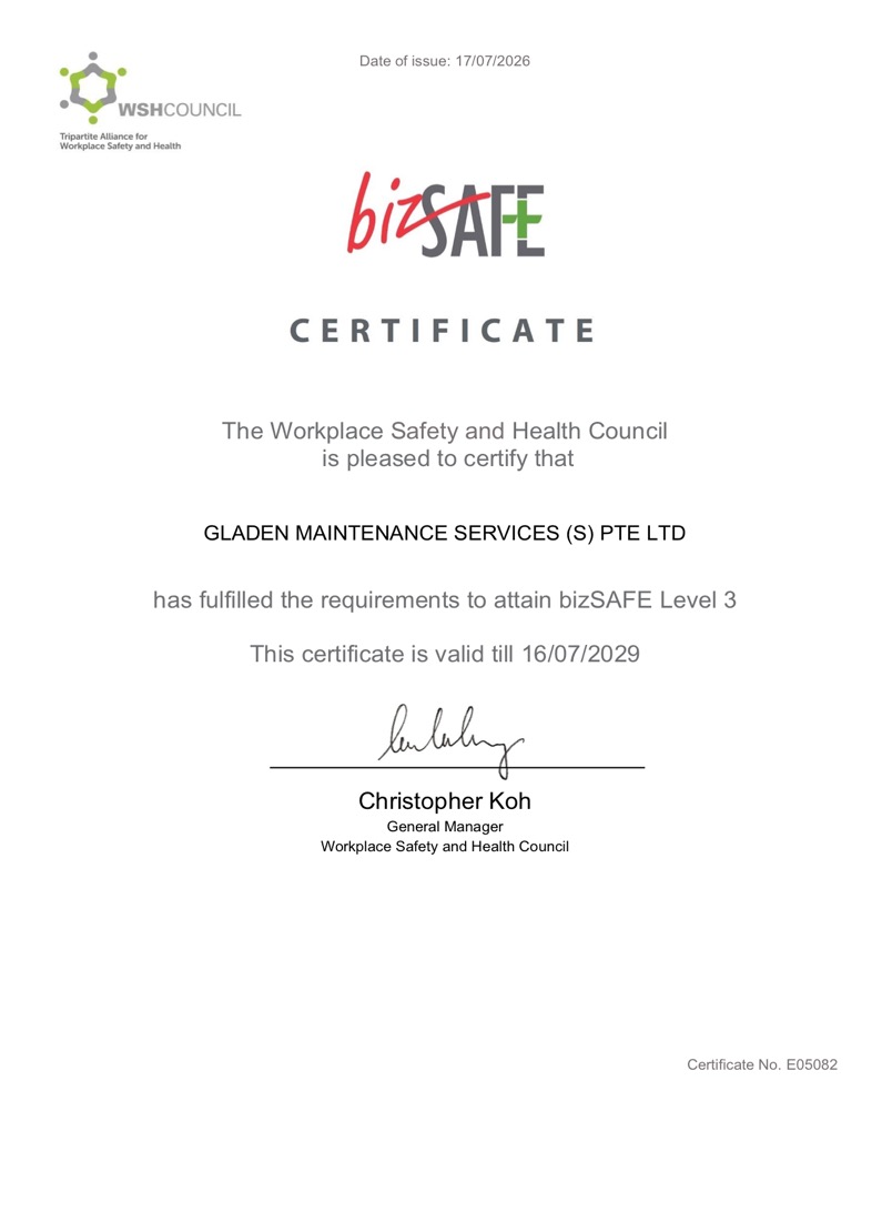 bizSAFE Level 3 certificate, Gladen Maintenance Services (S) Pte Ltd, valid till 16 July 2029